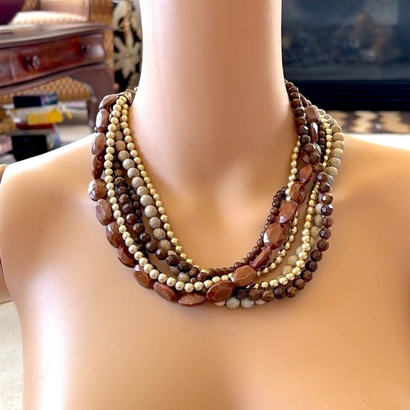 Multi-Strand Beaded Brown & Gold Tone Beaded Statement Necklace Adjustable - Picture 10 of 15